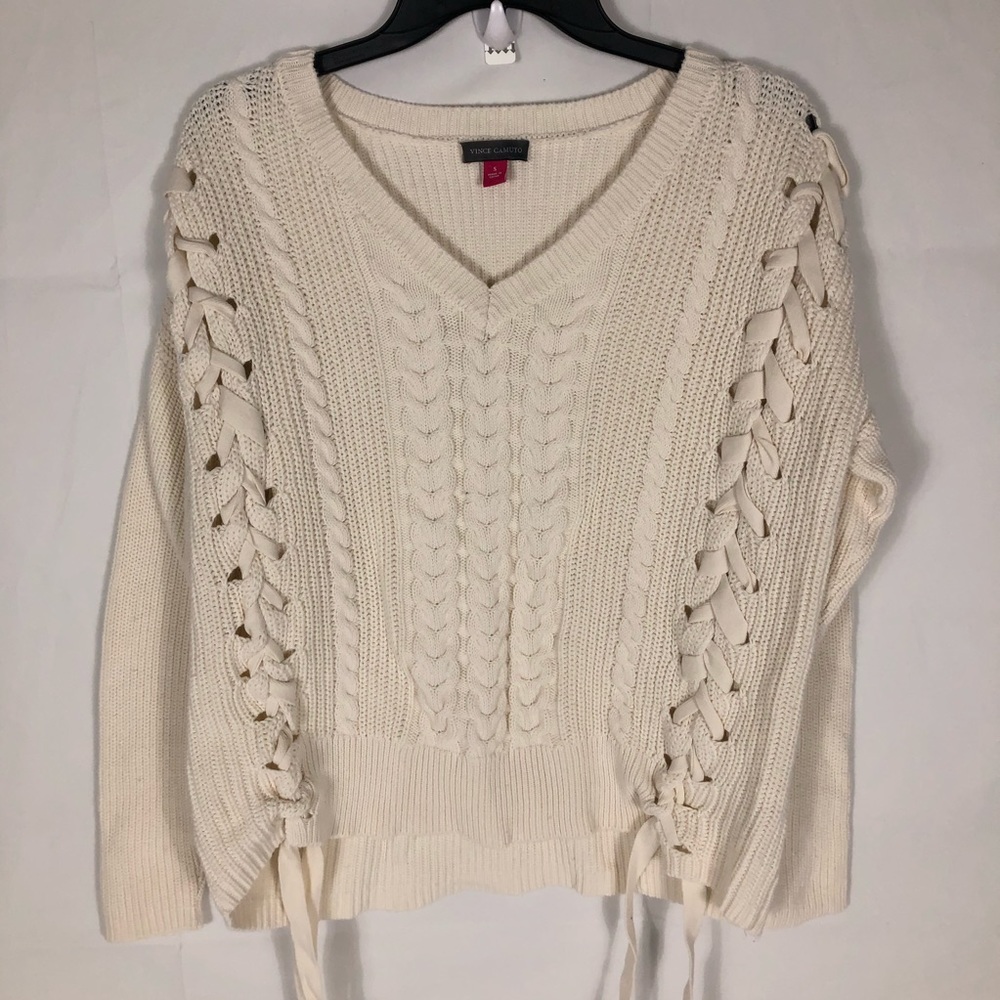 Vince Camuto Sweater Womens Small V Neck Cable Knit Laced Cream